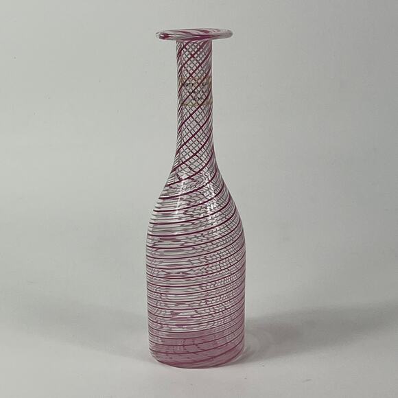 Murano Filigrana Stoppered Vase Mouth Blown White Pink Striped Art Glass Signed - Picture 2 of 11